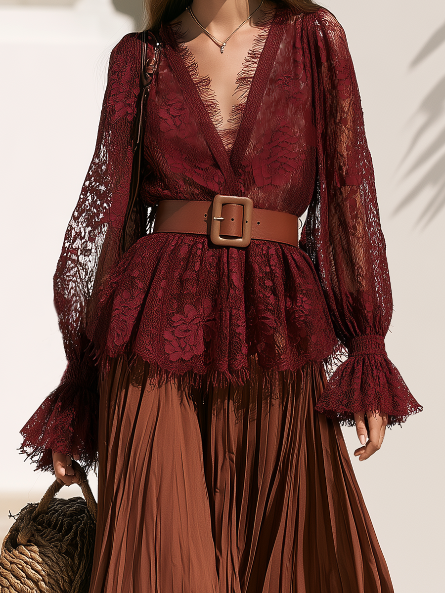 Wine Eyelash Lace Peplum Blouse & Rust Accordion Pleated Chiffon Maxi Skirt Belted Boho Two-Piece Set