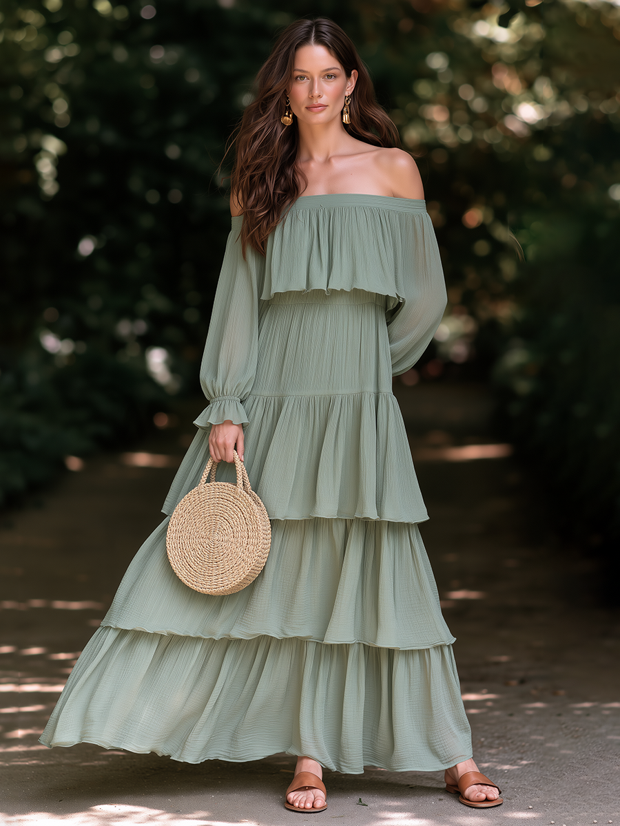 Romantic Bohemian Off-the-Shoulder Sage Green Chiffon Tiered Maxi Dress
