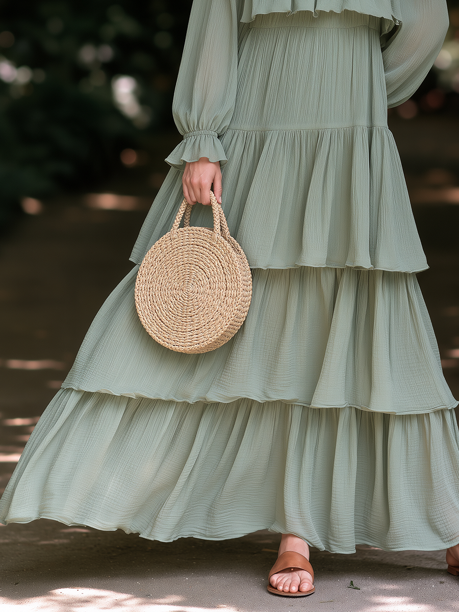 Romantic Bohemian Off-the-Shoulder Sage Green Chiffon Tiered Maxi Dress