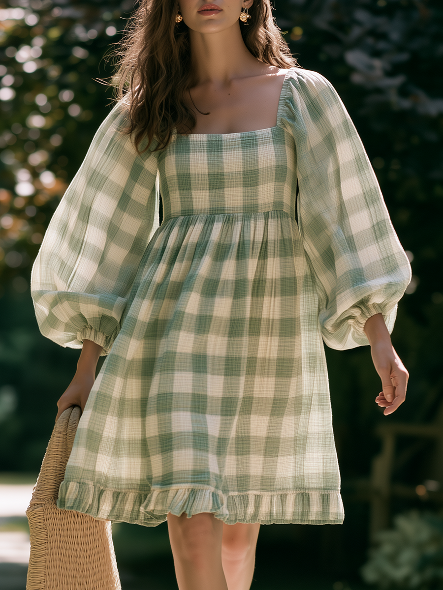 Romantic Bohemian Square-Neck Sage Gingham Chiffon Mini Dress