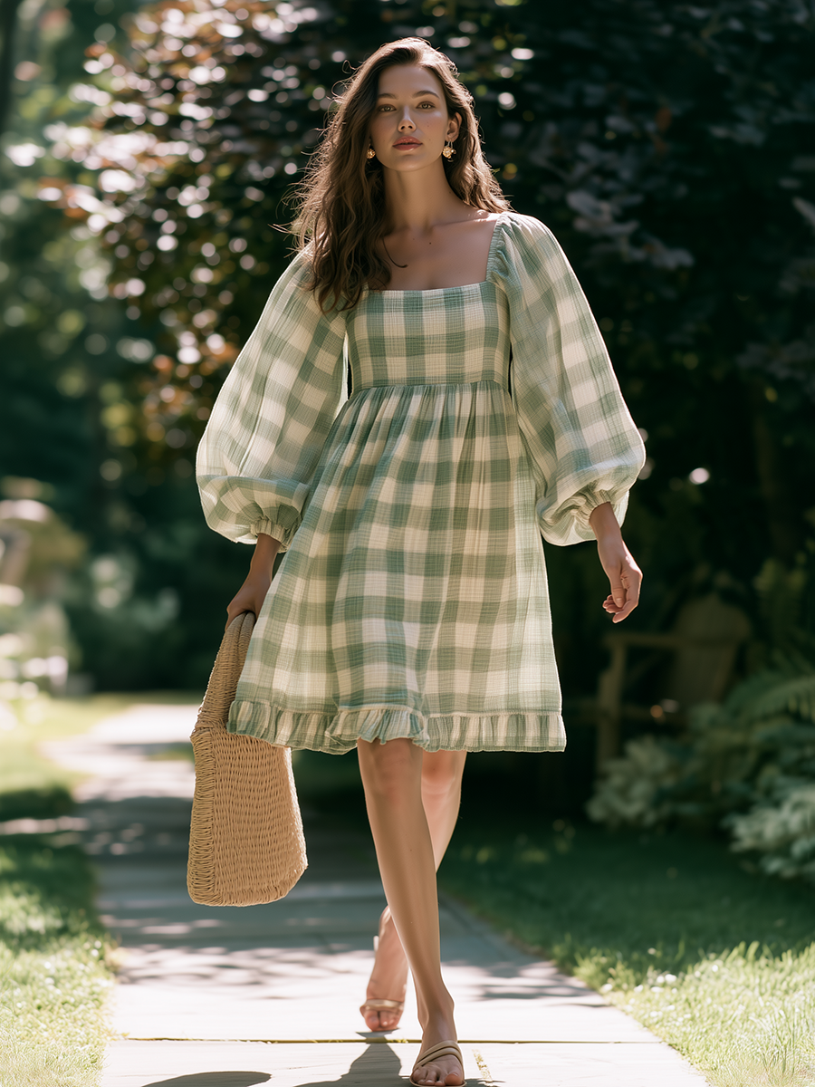 Romantic Bohemian Square-Neck Sage Gingham Chiffon Mini Dress