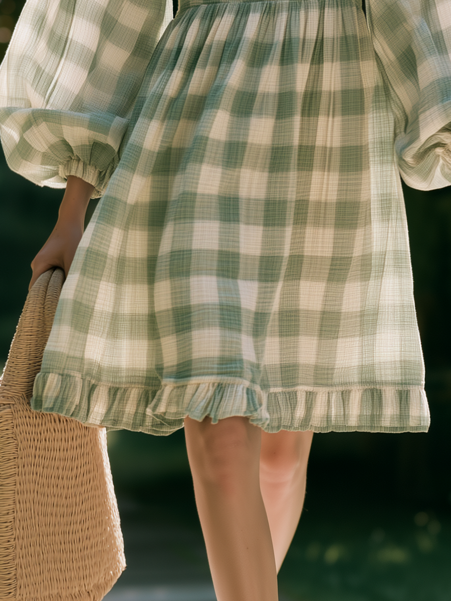 Romantic Bohemian Square-Neck Sage Gingham Chiffon Mini Dress