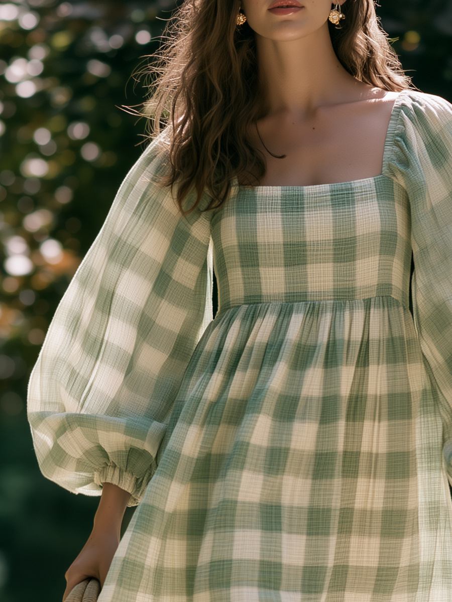 Romantic Bohemian Square-Neck Sage Gingham Chiffon Mini Dress