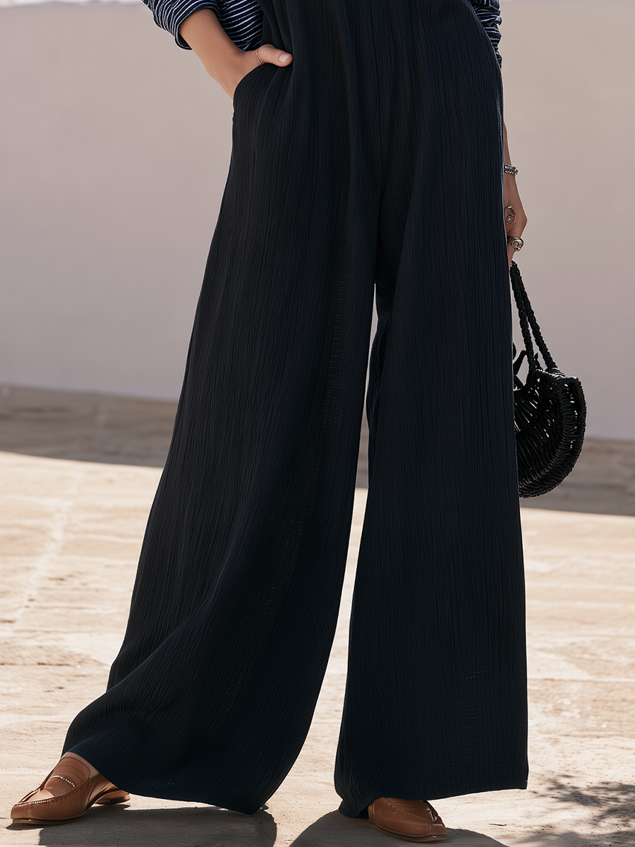 Navy Wide-Leg Cami Jumpsuit & Breton Stripe Off-Shoulder Jersey Top Effortless Coastal Two-Piece Set