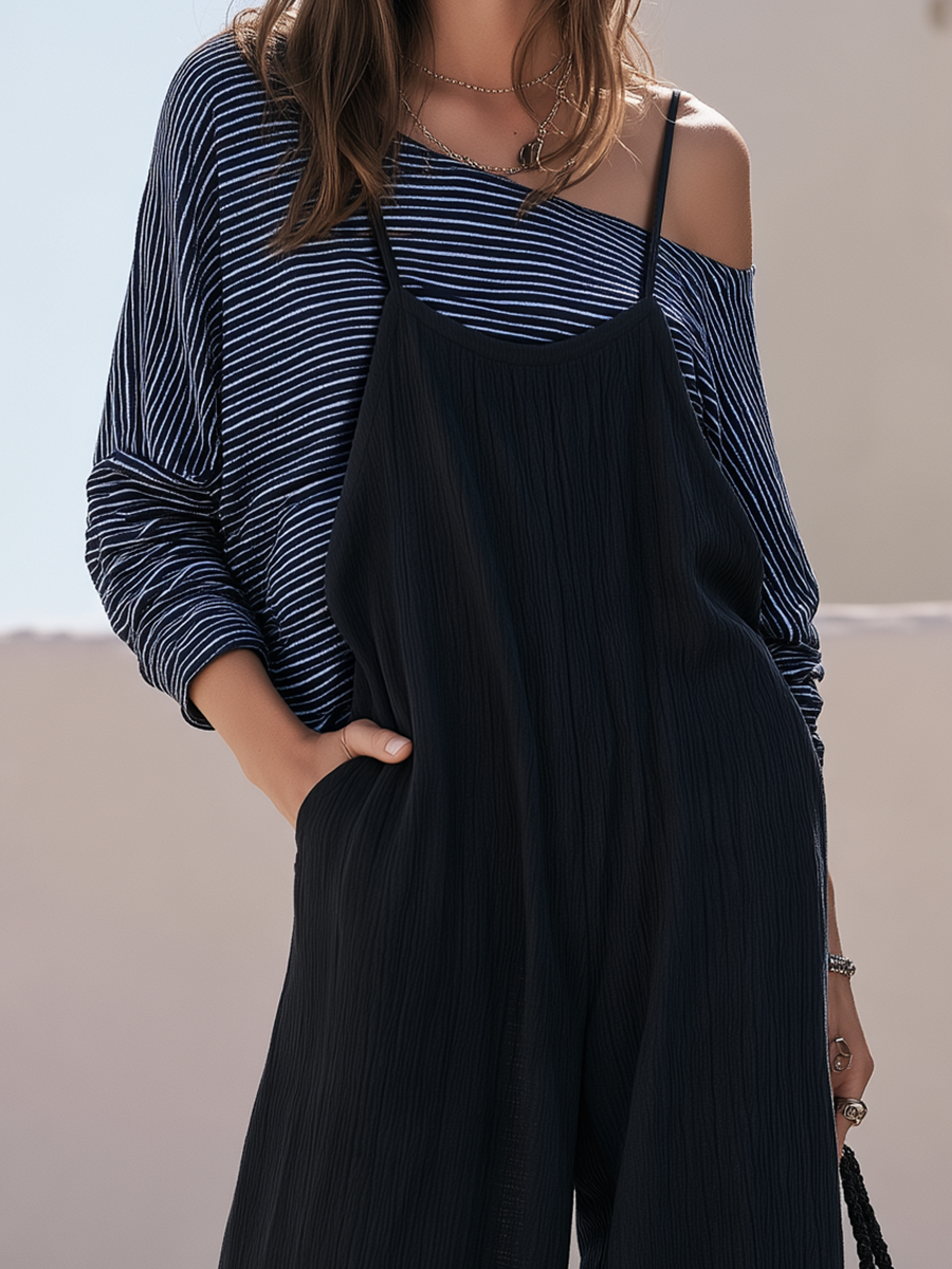 Navy Wide-Leg Cami Jumpsuit & Breton Stripe Off-Shoulder Jersey Top Effortless Coastal Two-Piece Set