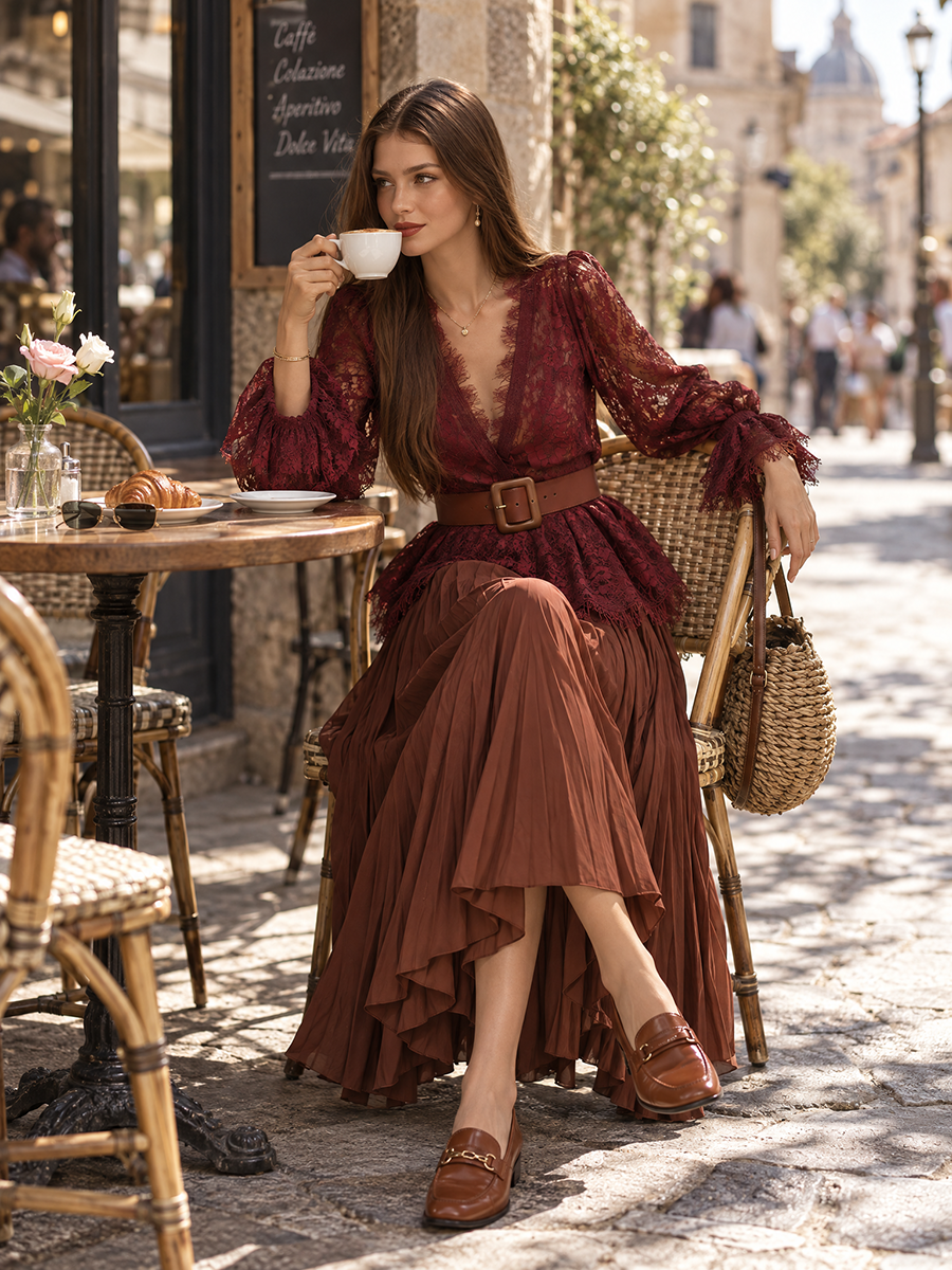 Wine Eyelash Lace Peplum Blouse & Rust Accordion Pleated Chiffon Maxi Skirt Belted Boho Two-Piece Set