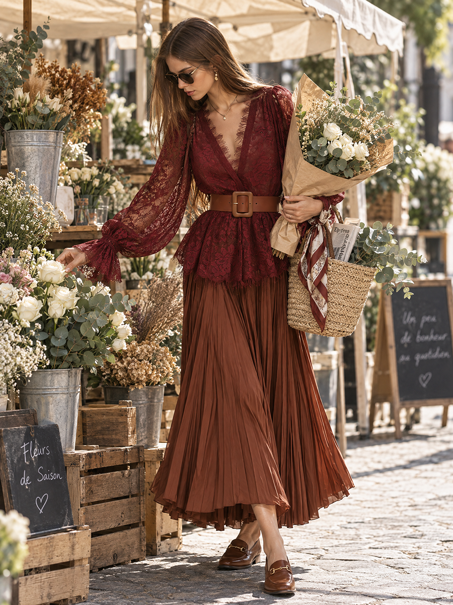 Wine Eyelash Lace Peplum Blouse & Rust Accordion Pleated Chiffon Maxi Skirt Belted Boho Two-Piece Set