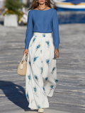 Resort-style Solid-color Crew-neck Top And Printed Skirt Set