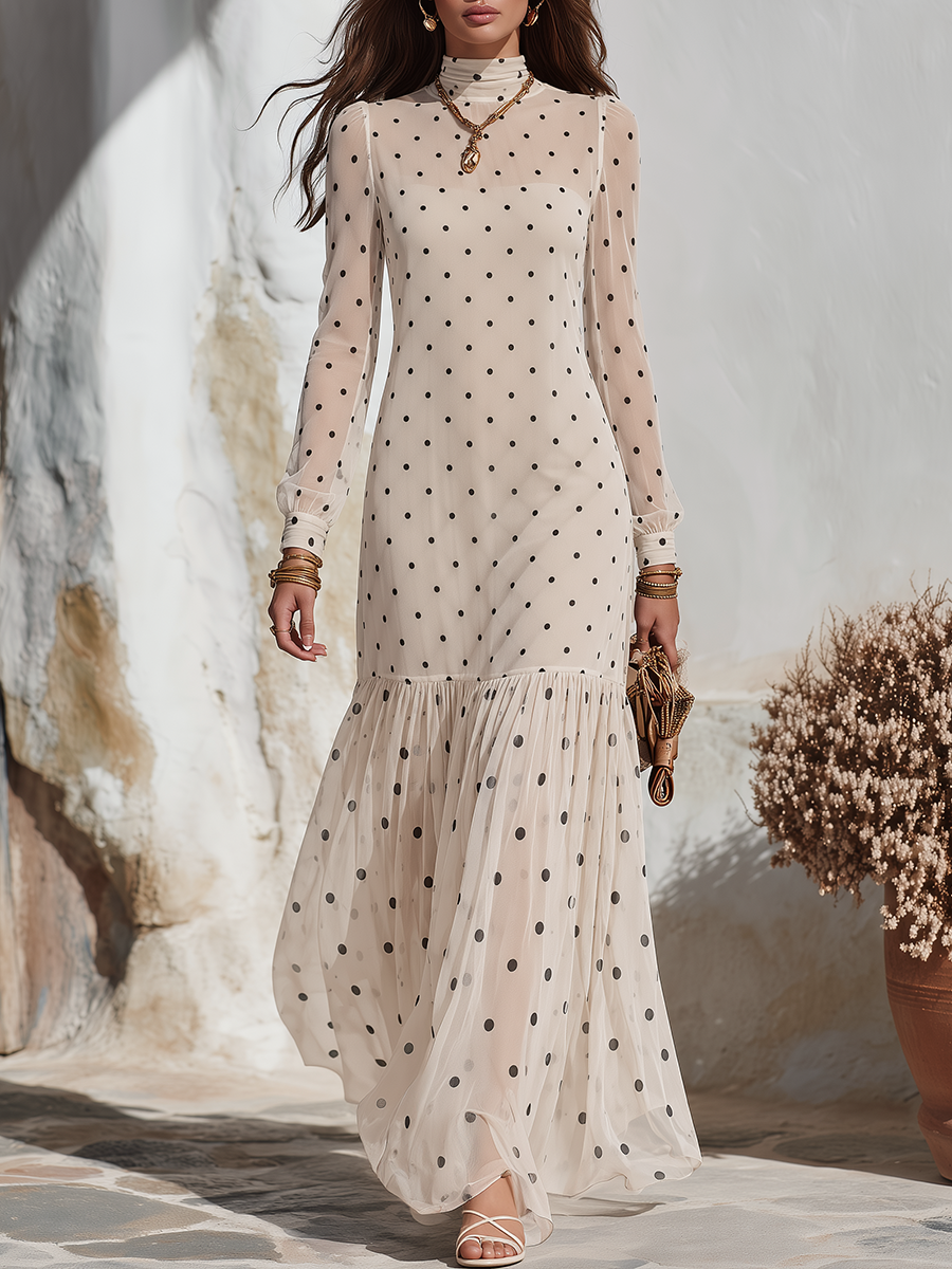Resort-style Long-sleeved Polka Dot High Neckline Chiffon Dress