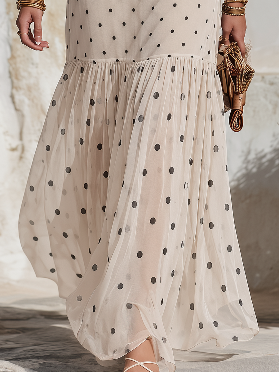 Resort-style Long-sleeved Polka Dot High Neckline Chiffon Dress