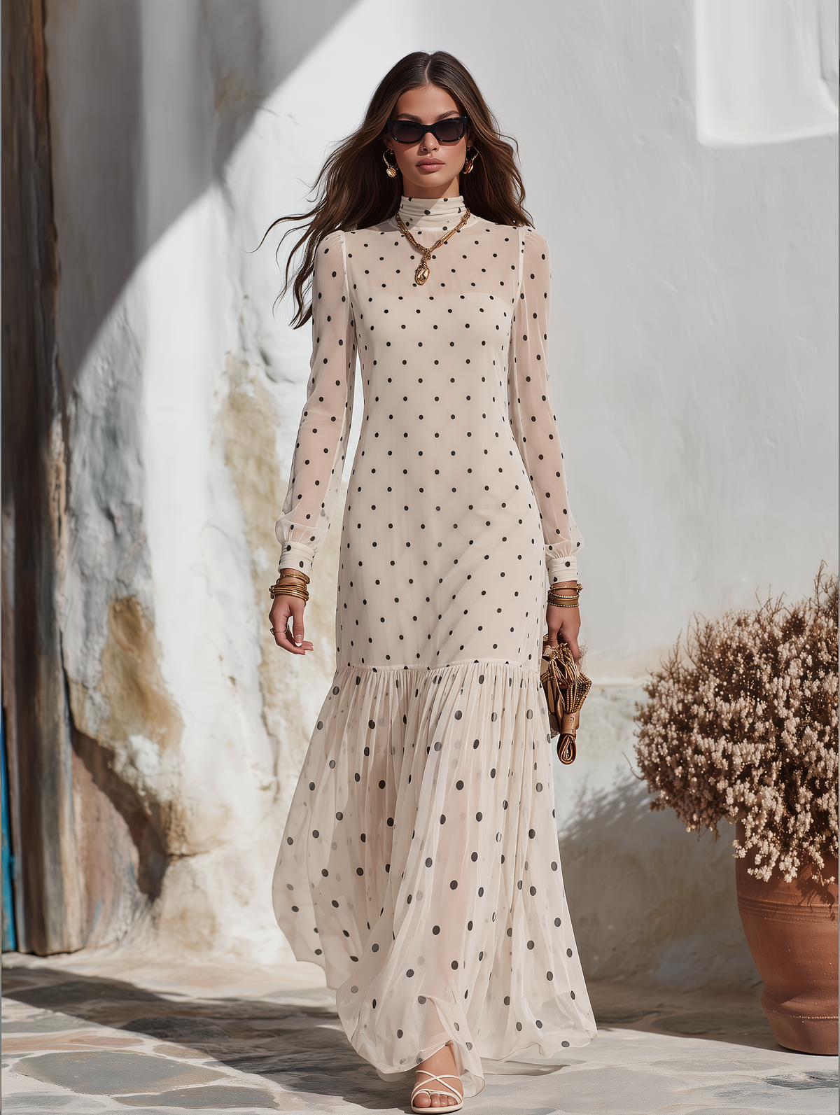 Resort-style Long-sleeved Polka Dot High Neckline Chiffon Dress
