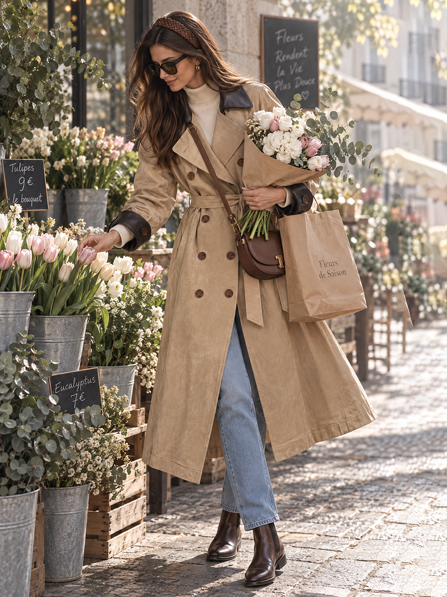 Faux Suede Contrast Leather Collar And Cuff Double-Breasted Button Self-Tie Belted Waist Notch Lapel Trench Coat