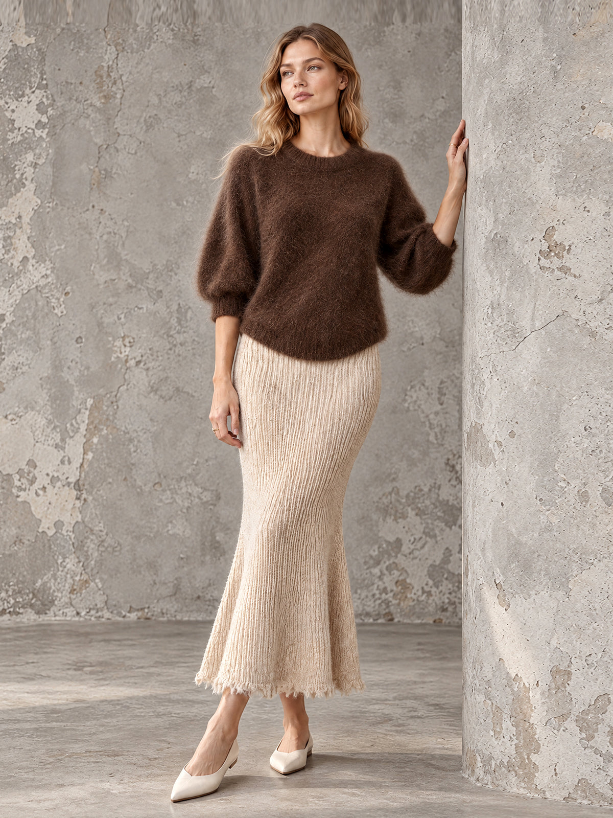 Chic Elegant Coffee Round-Neck Half-Sleeve Mohair Sweater Oatmeal Raw Edge Detail Ribbed Maxi Skirt Knit Two-Piece Set