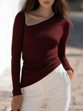 Mediterranean Chic Burgundy Pearl Trim Asymmetrical Neck Knit Top