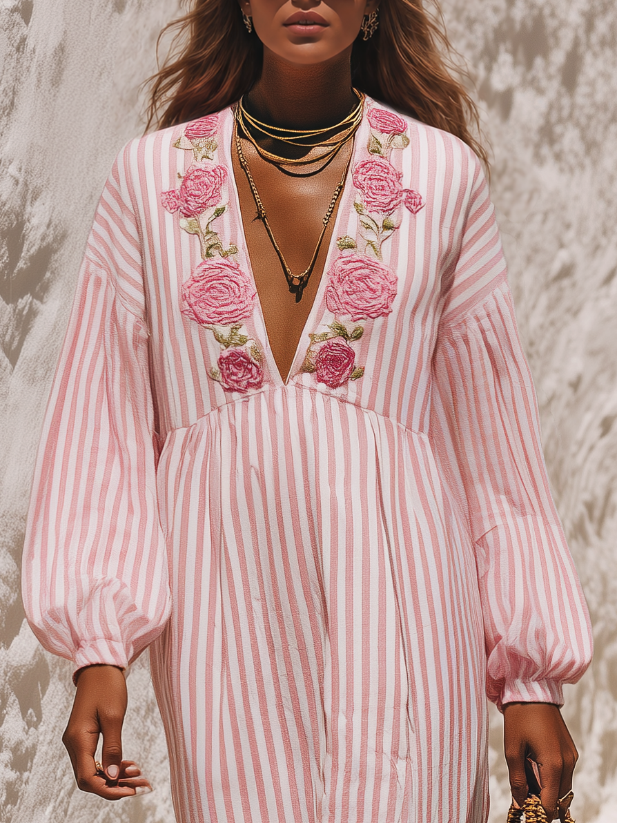 Vacation Floral Embroidered Striped Maxi Dress