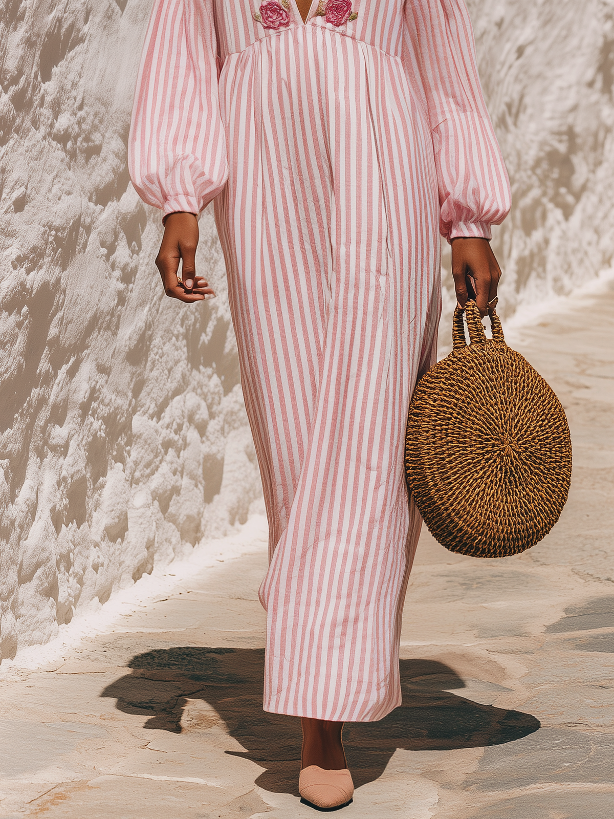 Vacation Floral Embroidered Striped Maxi Dress