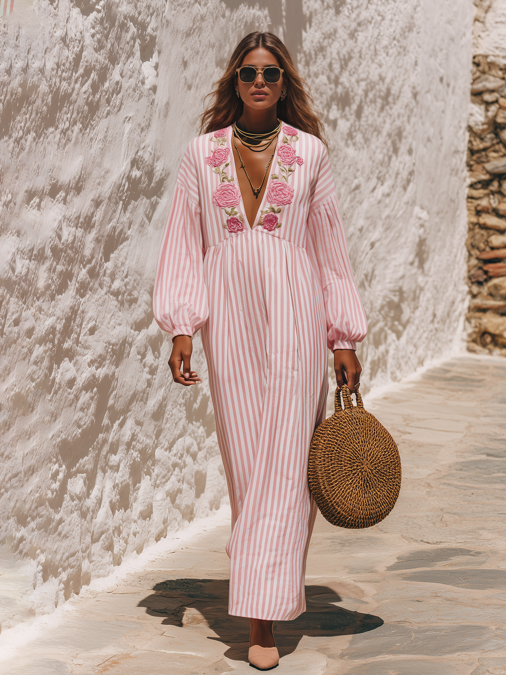 Vacation Floral Embroidered Striped Maxi Dress