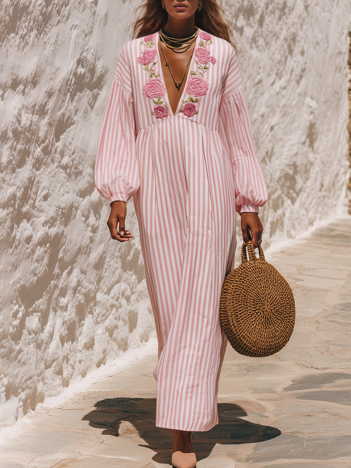 Vacation Floral Embroidered Striped Maxi Dress