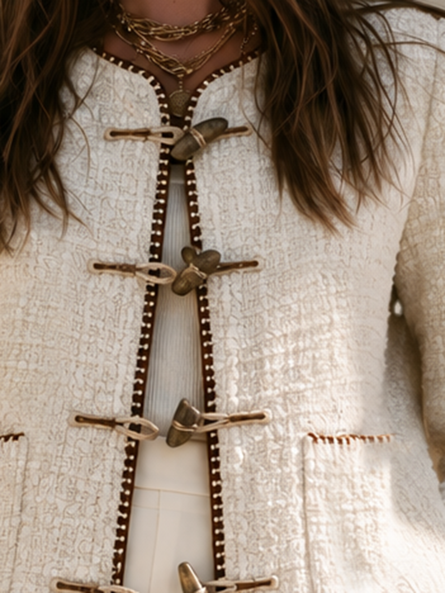 Tweed Collarless Round Neck Antique Gold Toggle Clasp Patch Pocket Cropped Long Sleeve Tweed Jacket