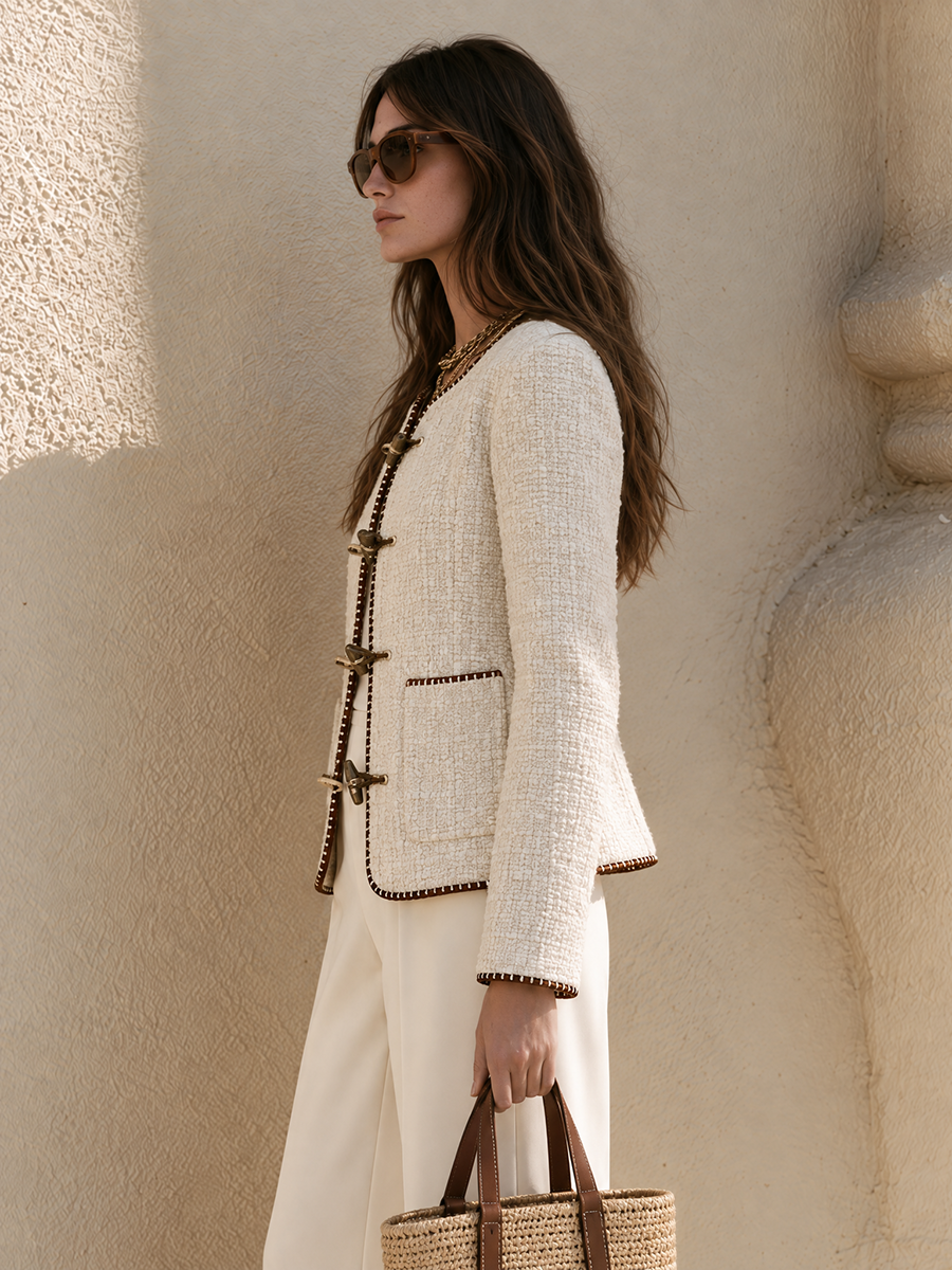 Tweed Collarless Round Neck Antique Gold Toggle Clasp Patch Pocket Cropped Long Sleeve Tweed Jacket
