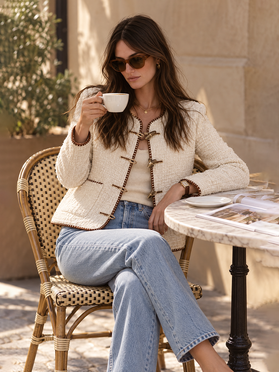 Tweed Collarless Round Neck Antique Gold Toggle Clasp Patch Pocket Cropped Long Sleeve Tweed Jacket