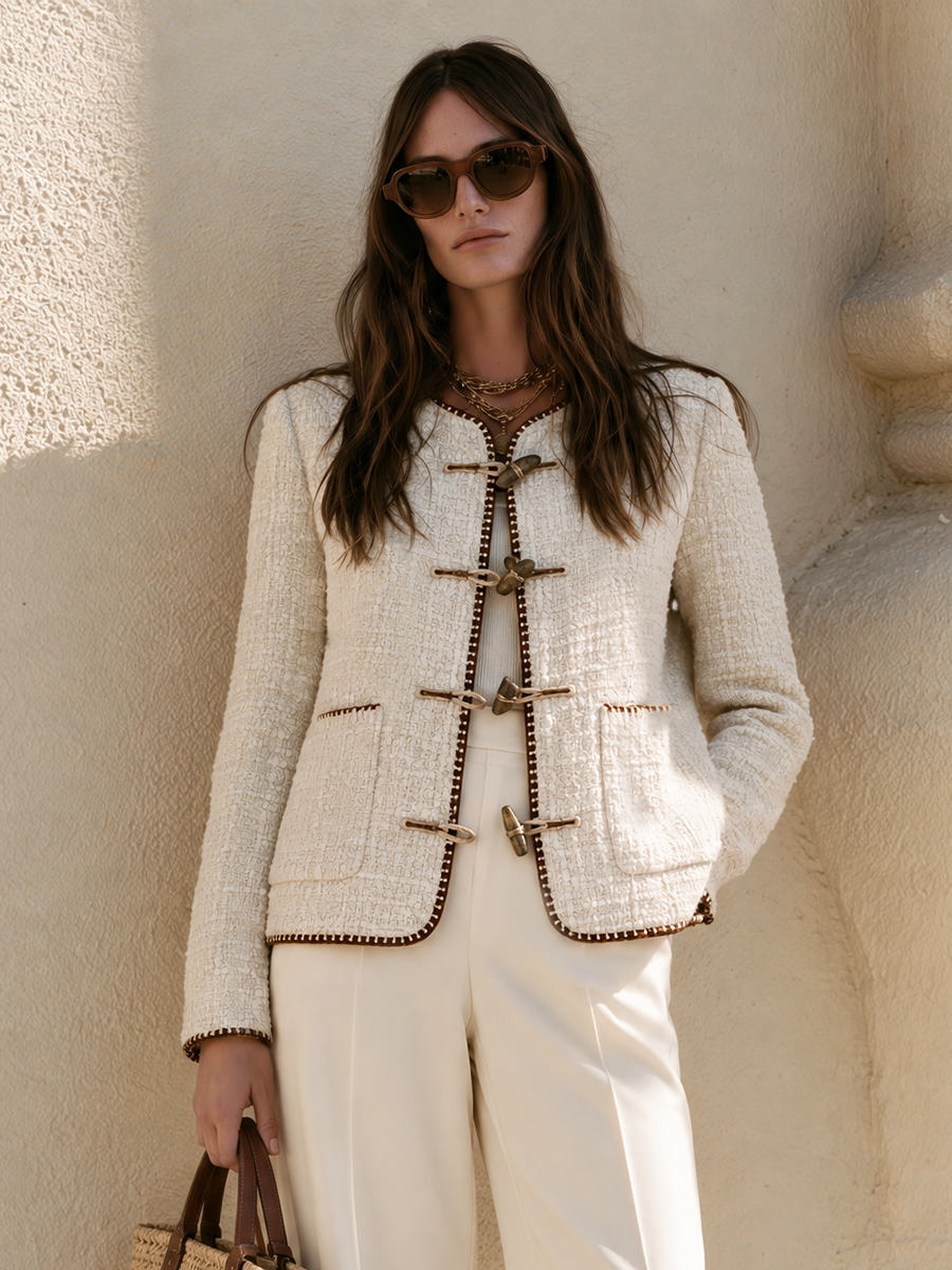 Tweed Collarless Round Neck Antique Gold Toggle Clasp Patch Pocket Cropped Long Sleeve Tweed Jacket