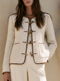Tweed Collarless Round Neck Antique Gold Toggle Clasp Patch Pocket Cropped Long Sleeve Tweed Jacket