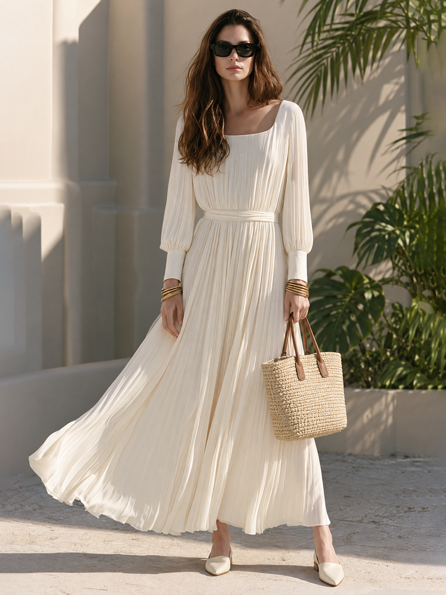 Square Neck Bishop Balloon Long Sleeve Buttoned Cuff Wide Self-Tie Sash Belted Waist Full Flowy A-Line Holiday Maxi Dress