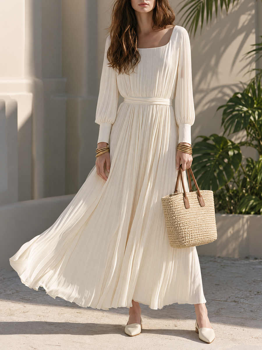 Square Neck Bishop Balloon Long Sleeve Buttoned Cuff Wide Self-Tie Sash Belted Waist Full Flowy A-Line Holiday Maxi Dress