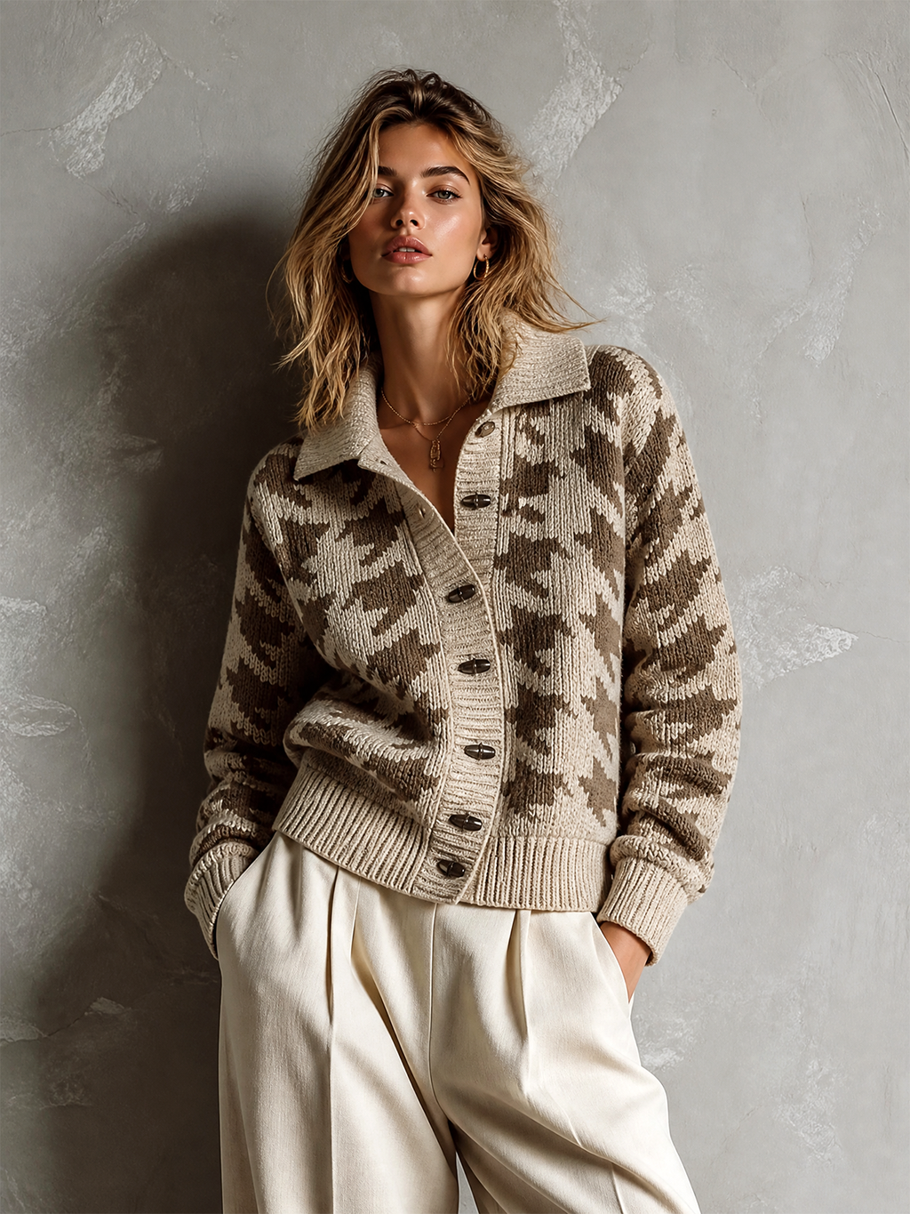 Chic Casual Cream-Brown Lapel Collar Houndstooth Jacquard Single-Breasted Long-Sleeve Loose-Fit Knit Cardigan