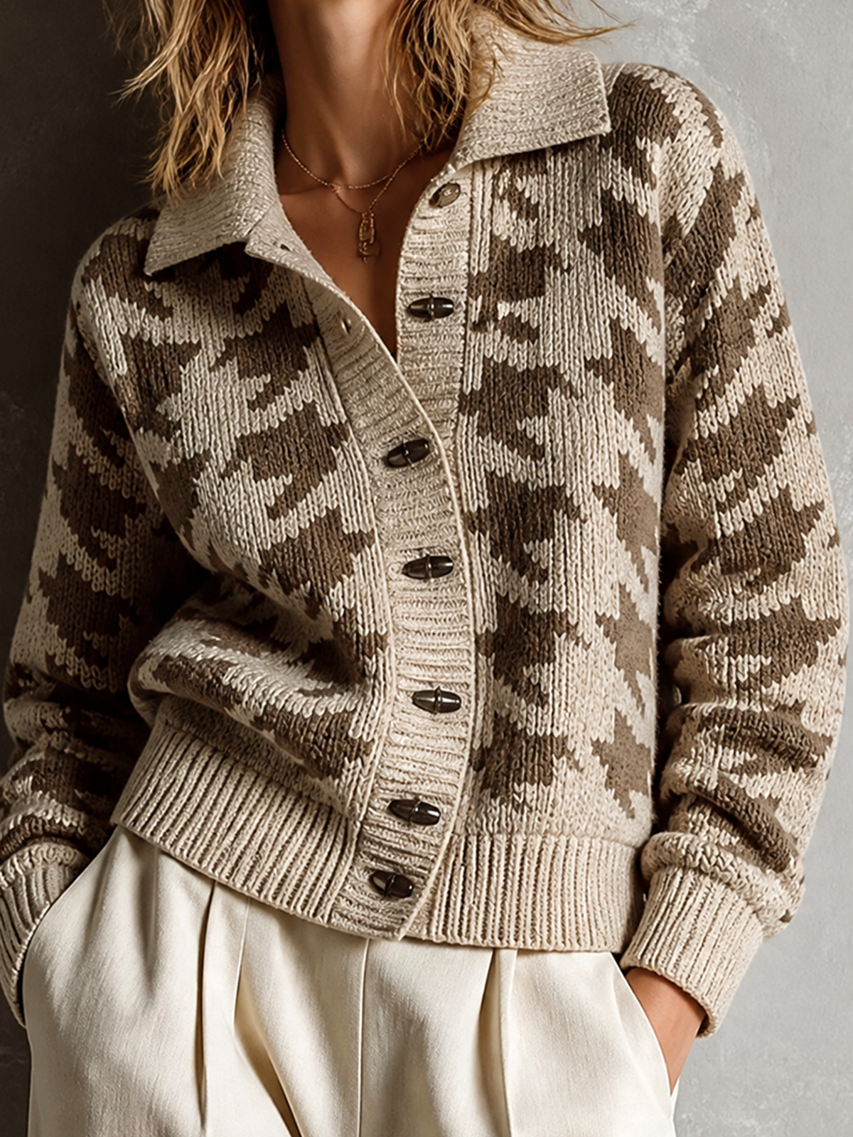 Chic Casual Cream-Brown Lapel Collar Houndstooth Jacquard Single-Breasted Long-Sleeve Loose-Fit Knit Cardigan