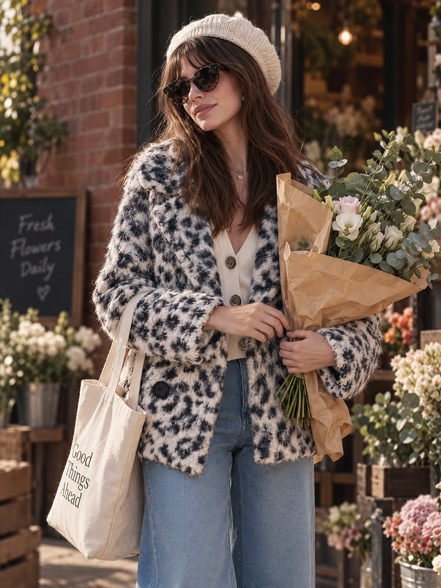 Leopard Print Fuzzy Eyelash Faux Fur Lapel Double-Breasted Black Button Long Sleeve Coat