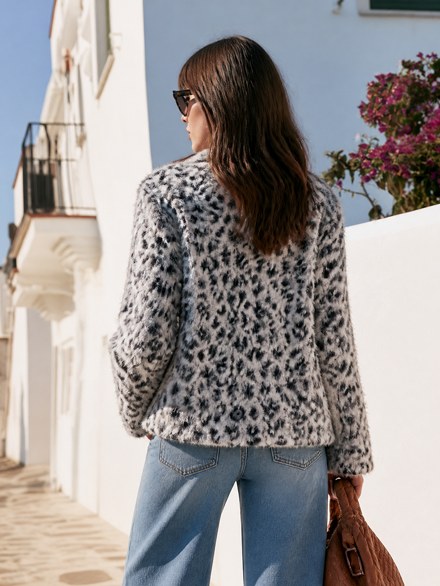 Leopard Print Fuzzy Eyelash Faux Fur Lapel Double-Breasted Black Button Long Sleeve Coat
