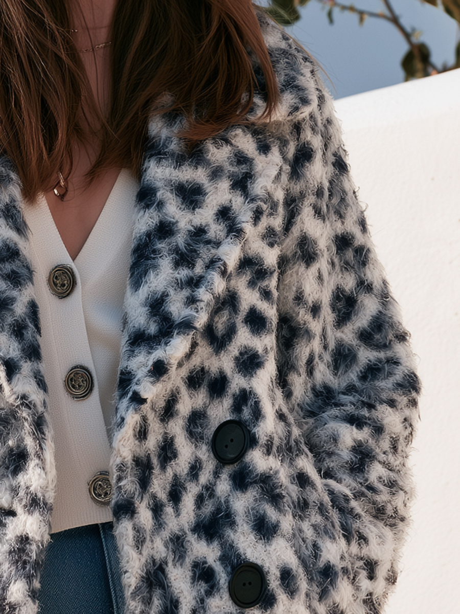 Leopard Print Fuzzy Eyelash Faux Fur Lapel Double-Breasted Black Button Long Sleeve Coat