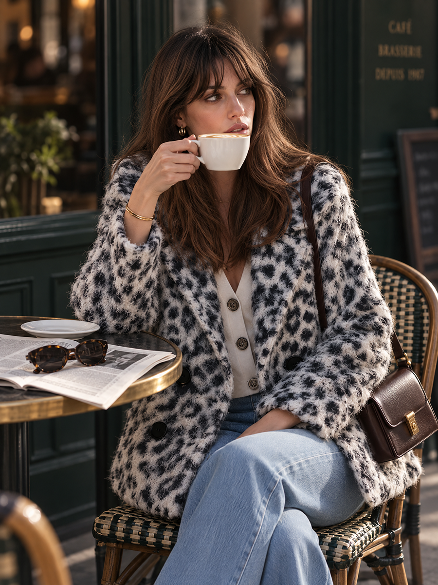 Leopard Print Fuzzy Eyelash Faux Fur Lapel Double-Breasted Black Button Long Sleeve Coat