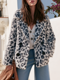 Leopard Print Fuzzy Eyelash Faux Fur Lapel Double-Breasted Black Button Long Sleeve Coat