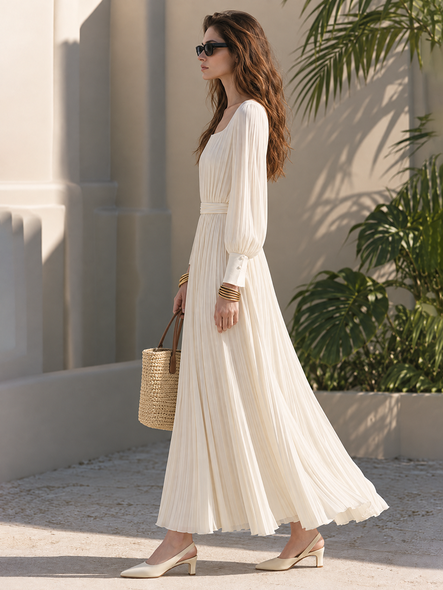 Square Neck Bishop Balloon Long Sleeve Buttoned Cuff Wide Self-Tie Sash Belted Waist Full Flowy A-Line Holiday Maxi Dress