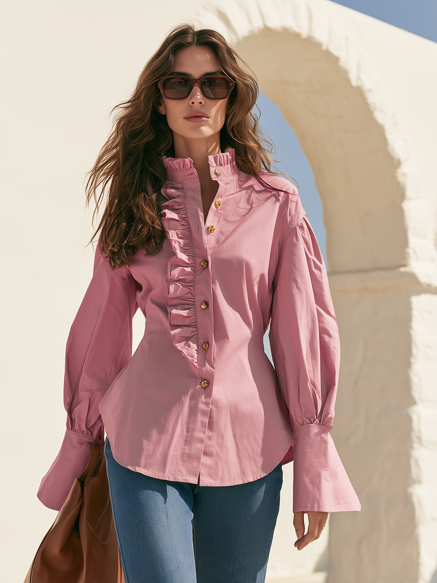 Vintage-style Bohemian Ruffled Pink Cotton Shirt
