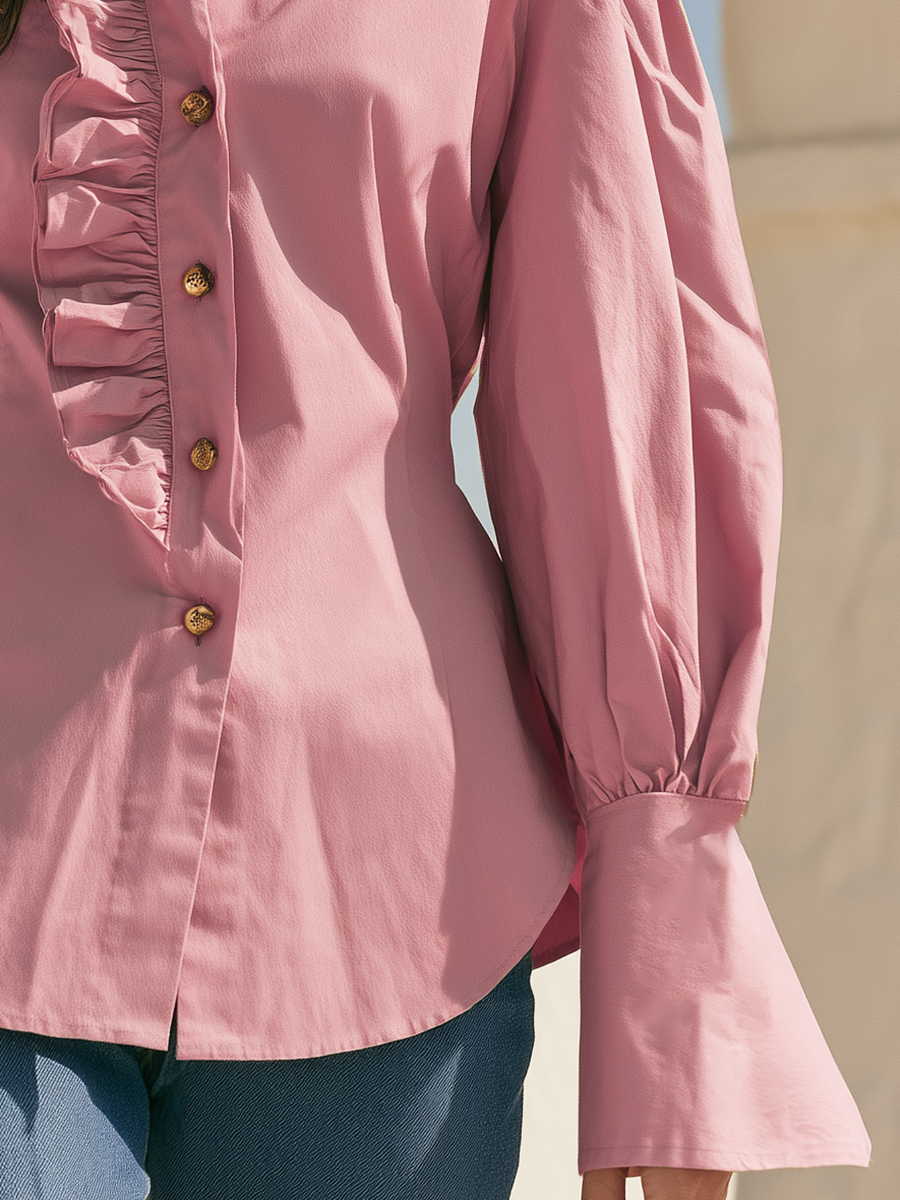 Vintage-style Bohemian Ruffled Pink Cotton Shirt