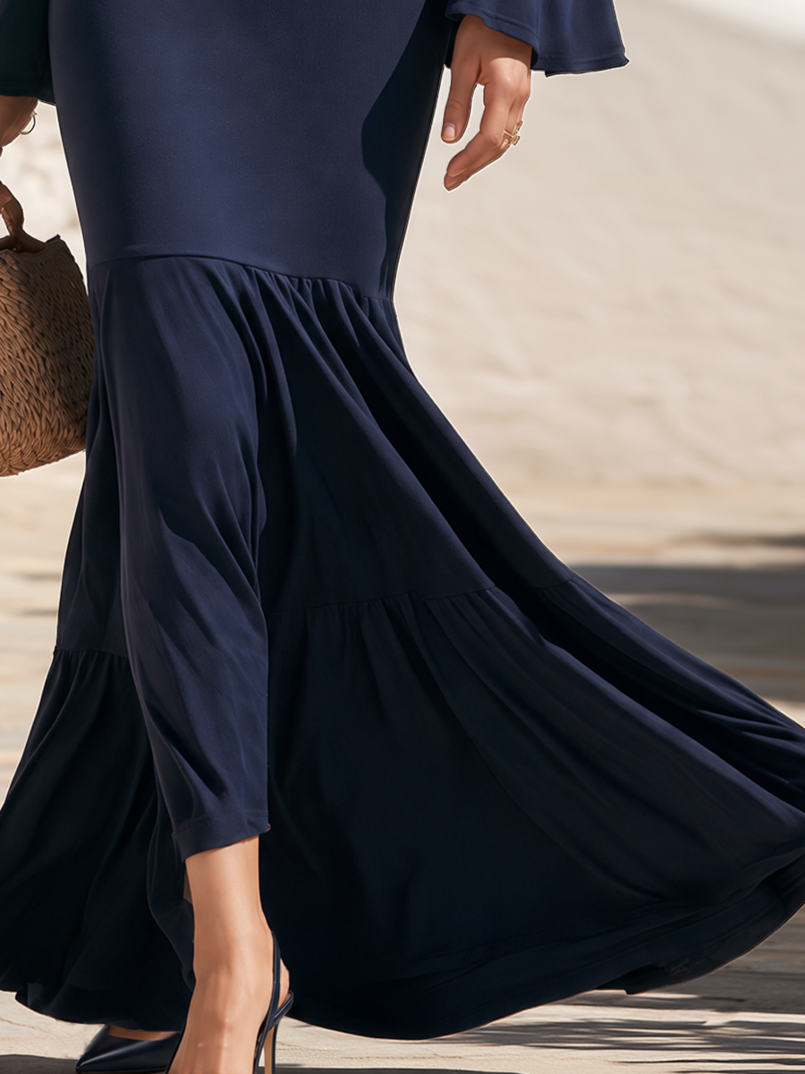 Scalloped Guipure Lace Off-Shoulder Flare Sleeve Tiered Fishtail Hem Slim Jersey Mermaid Maxi Dress
