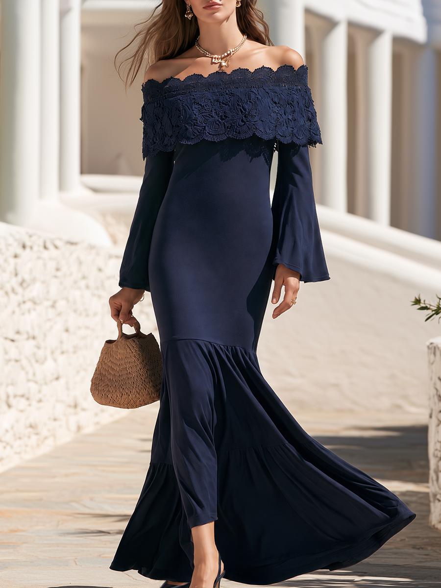Scalloped Guipure Lace Off-Shoulder Flare Sleeve Tiered Fishtail Hem Slim Jersey Mermaid Maxi Dress