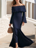 Scalloped Guipure Lace Off-Shoulder Flare Sleeve Tiered Fishtail Hem Slim Jersey Mermaid Maxi Dress
