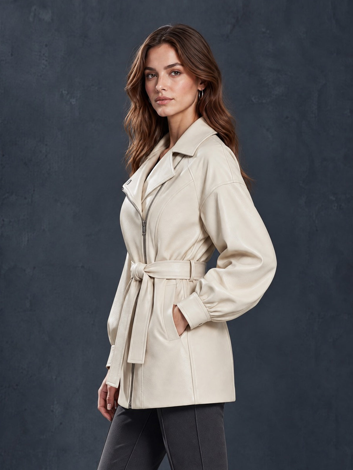 Chic Elegant Cream White Faux Leather Notched Lapel Zipper-Placket Long-Sleeve Belted Loose-Fit Coat