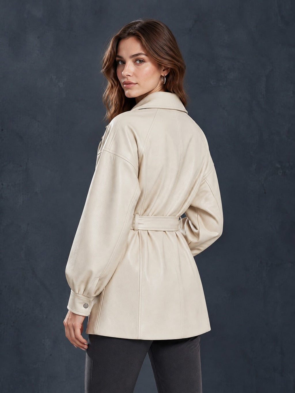 Chic Elegant Cream White Faux Leather Notched Lapel Zipper-Placket Long-Sleeve Belted Loose-Fit Coat