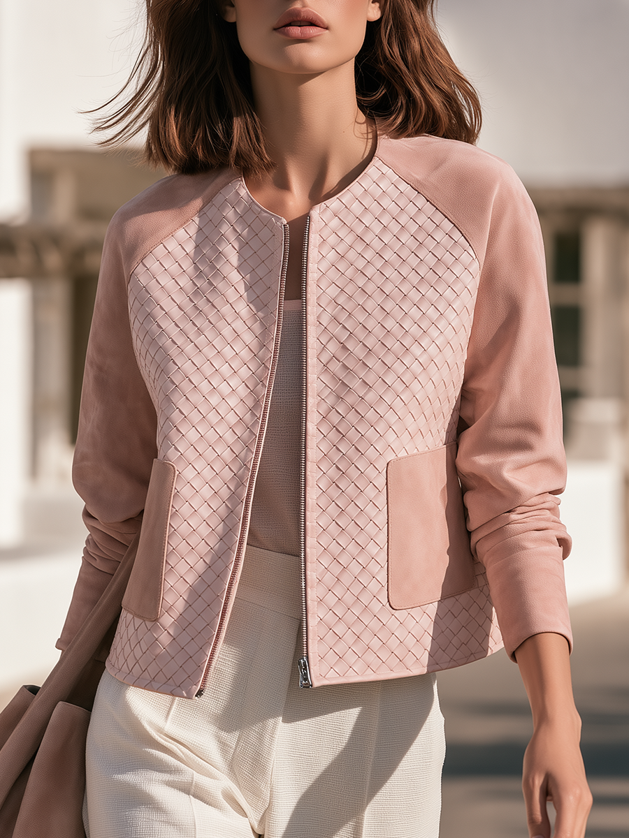 Casual Chic Woven Panel Faux Leather Cropped Jacket