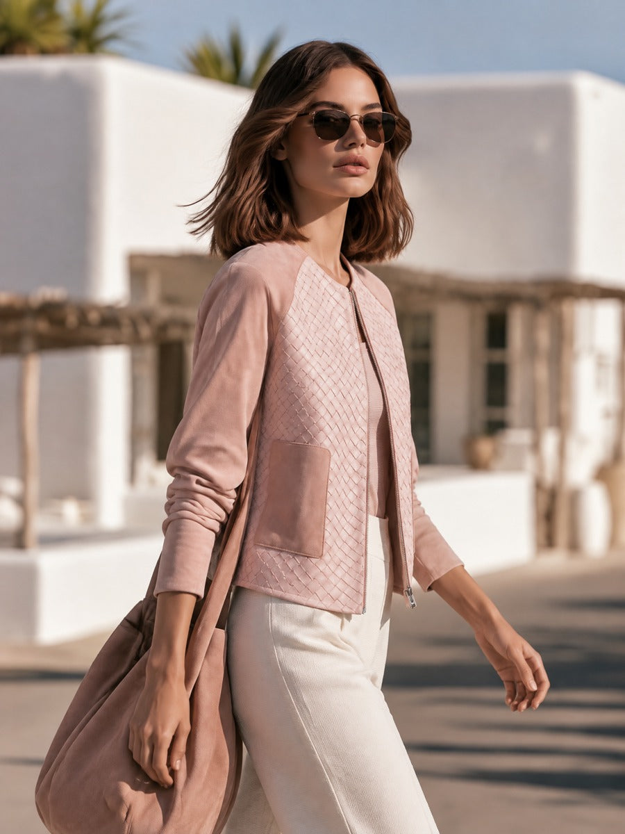 Casual Chic Woven Panel Faux Leather Cropped Jacket