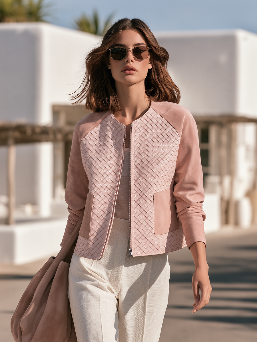 Casual Chic Woven Panel Faux Leather Cropped Jacket