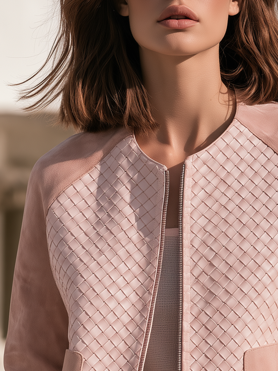 Casual Chic Woven Panel Faux Leather Cropped Jacket