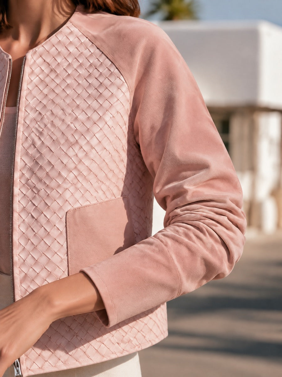 Casual Chic Woven Panel Faux Leather Cropped Jacket