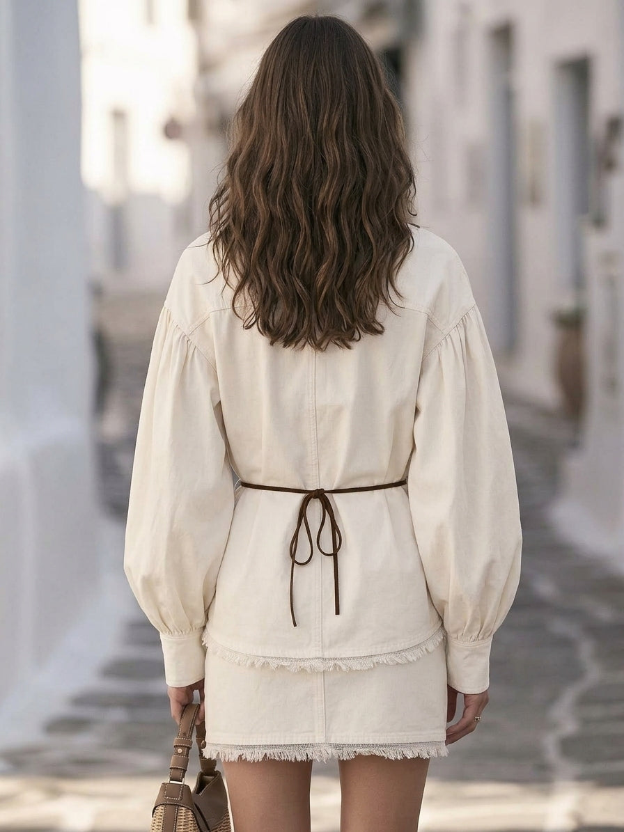 Mediterranean Chic Off‑White Fringe Trim Shirt And Mini Skirt Two‑Piece Outfit